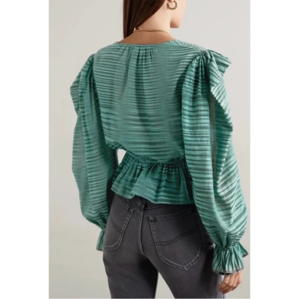 Ulla Johnson Ophelia Cotton Voile Peplum Blouse Teal/ Green Stripe sz 6